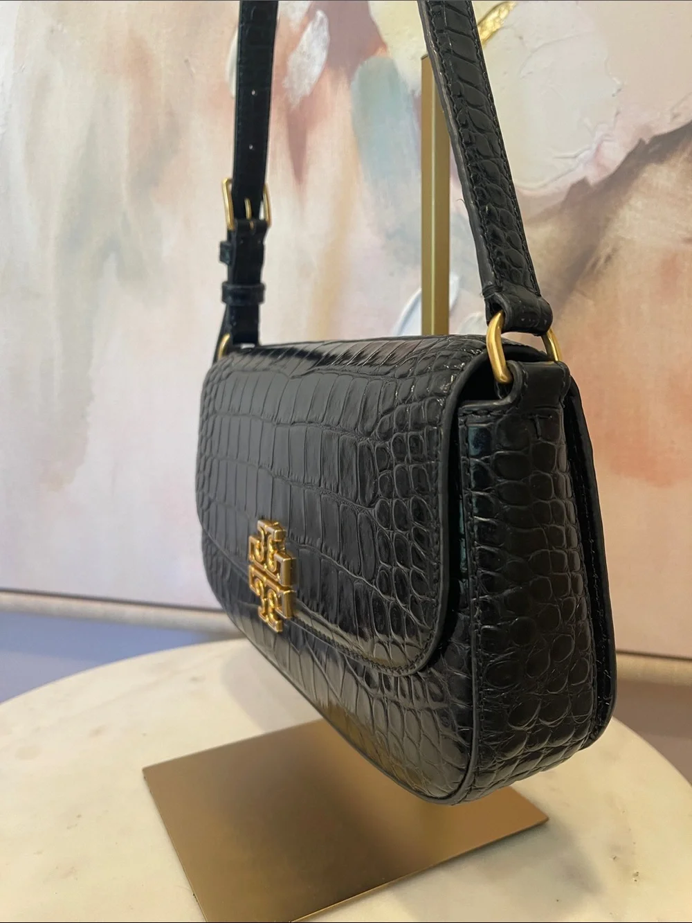 Tory Burch Black Croc-Embossed Leather Shoulder Bag with Gold Logo